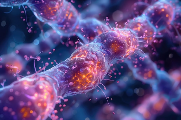 Foto illustrazione volumetrica a colori di uno sfondo di strutture biogeniche microscopiche colorate sul tema della genetica microbiologia biochimica