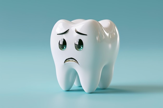 Volumetric illustration of a tooth in a cartoon style with a sad emotion on blue background