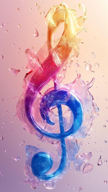 Объемный музыкальный высокий ключ в неоновых цветах на минимальном фоне