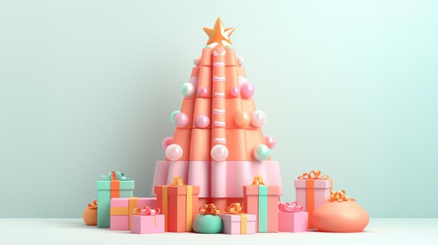 volumineuze kerstboom met felgekleurde cadeautjes in lichtroze en lichtoranje organische en geometrische vormen