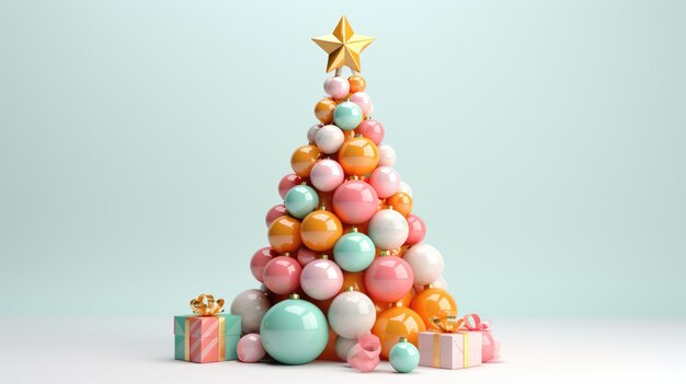 voluminous Christmas tree with brightly colored gifts in light pink and light orange organic and geometric shapes