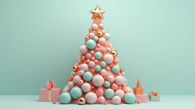 voluminous Christmas tree with brightly colored gifts in light pink and light orange organic and geometric shapes