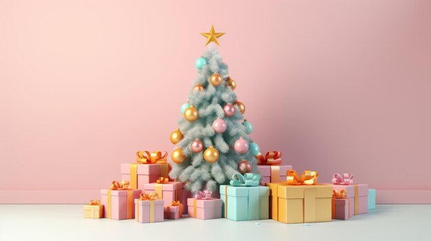 voluminous Christmas tree with brightly colored gifts in light pink and light orange organic and geometric shapes