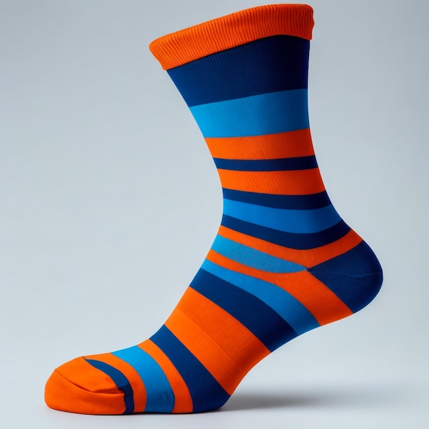 Voluminous sock with orange stripes side view on a white background isolate