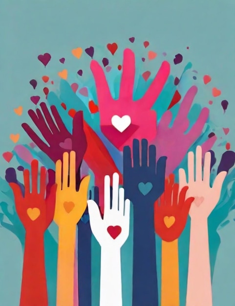 Volunteer community hand up background with love heart design d animeted stock photo