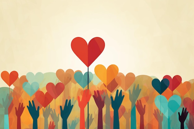 Volunteer community hand up background with love heart design