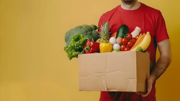 新鮮な農産物を配達するボランティア 野菜の箱を保持する 健康的な食料を提供する 寄付 カジュアルなライフスタイル シンプルな服装 地元の農場を支援する AIコンセプト