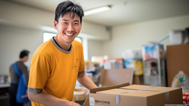 Volunteer holding a box of various aid for charity