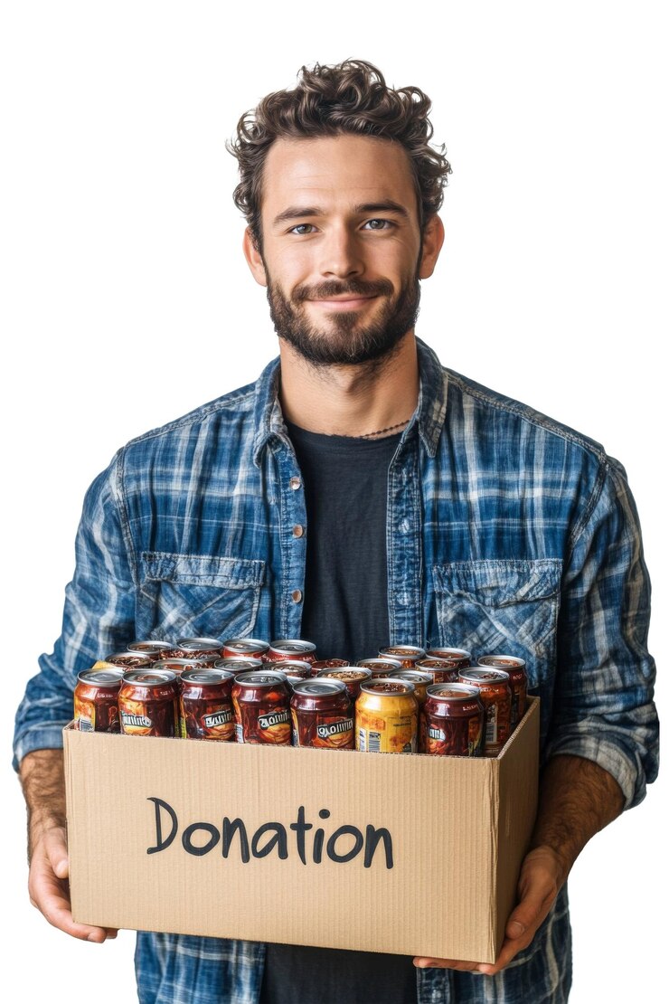 Photo volunteer holding donation box with food cans isolated on white background