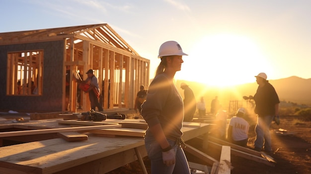 A volunteer is building a house for a family in need mental health images photorealistic illustration