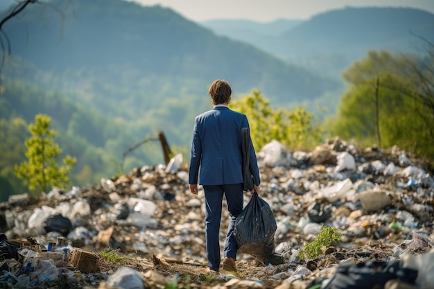 Volunteer man collecting trash Ecology concept Generative AI