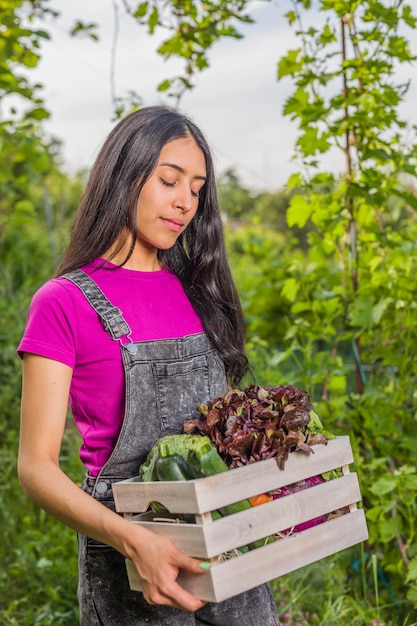 Volunteer in organic vegetables garden agriculture Venezuelan Latin woman harvesting urban garden