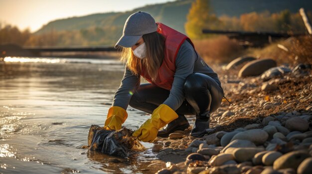 Volunteer picks up trash on the beach near the ocean