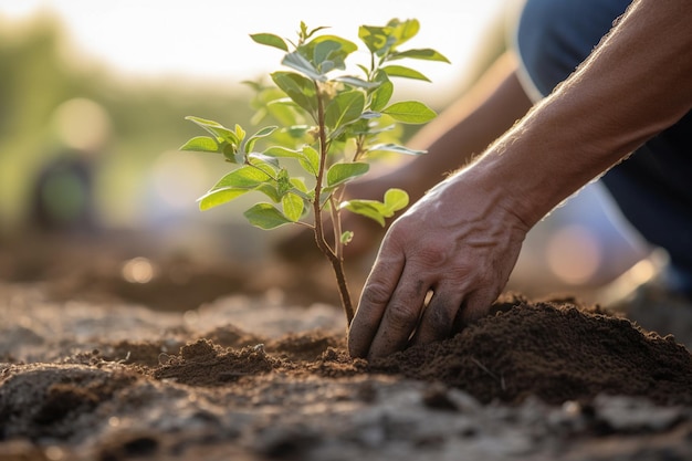 Volunteer planting new tree in dirt in an urban garden with Generative AI