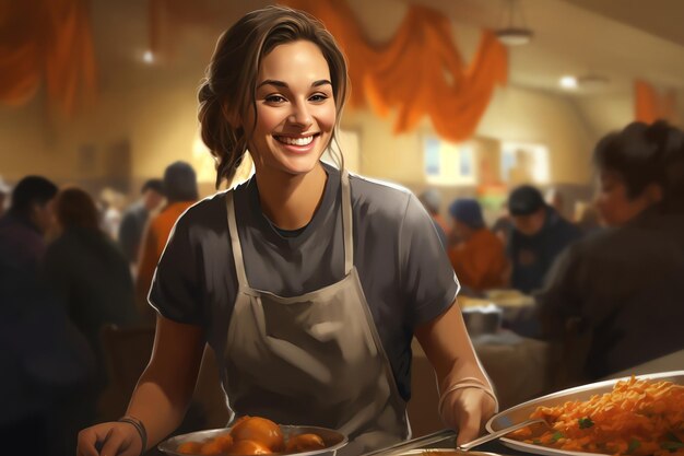 A volunteer serving meals at a local soup kitchen on Thanksgiving vector background