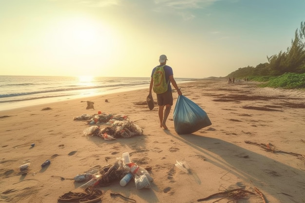 A volunteer with a garbage bag cleans the coast from pollution Environmental pollution Ecological problems Generative AI