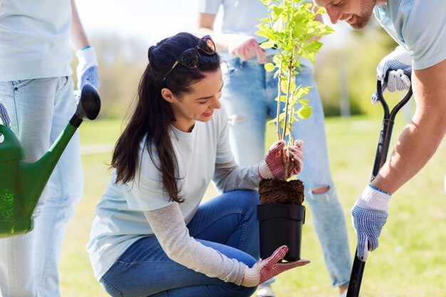 volunteering, charity, people and ecology concept - group of happy volunteers planting tree and digging hole with shovel in park