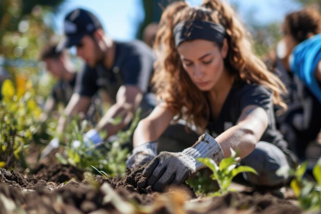 Photo volunteering young people volunteers have activity at outdoors generative ai