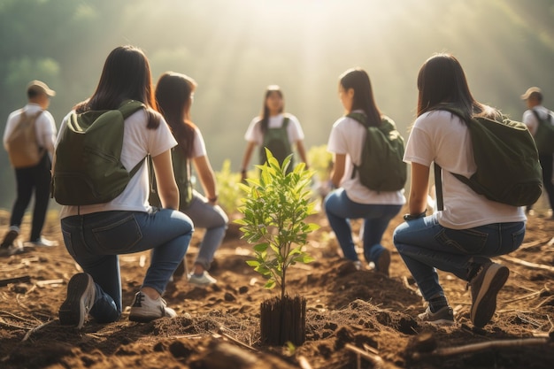 Volunteering Young people volunteers outdoors reforestation Generative AI