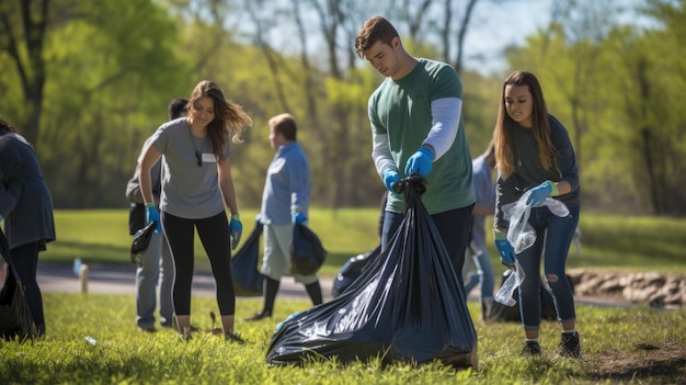 Добровольцы усердно собирают мусор в мешках в парке, подчеркивая общественную службу и ответственность за окружающую среду