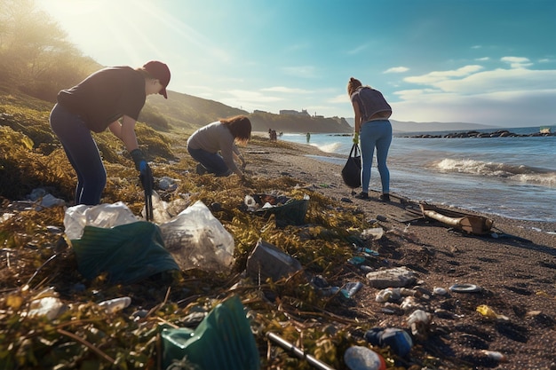 Volunteers cleaning a beach from plastic pollution Generated AI