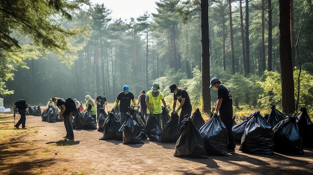 자원 봉사자 들 은 쓰레기 봉투 를 사용 하여 공원 지역 을 청소 하고 있다.