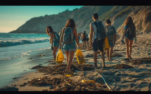 Foto volontari che puliscono la spiaggia al tramonto