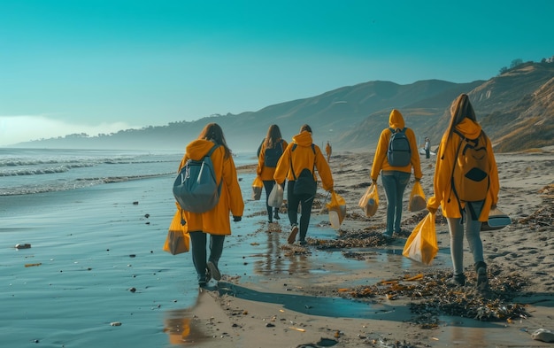 Volunteers Cleaning Up Beach at Sunset