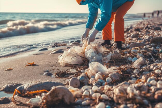 Volunteers collect trash and pollution from a beach after a storm Ai generated