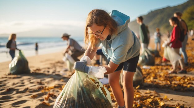 volunteers collecting garbage on beach