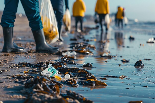 자원 봉사자 들 이 쓰레기 를 모으고 해변 을 청소 하고 있다