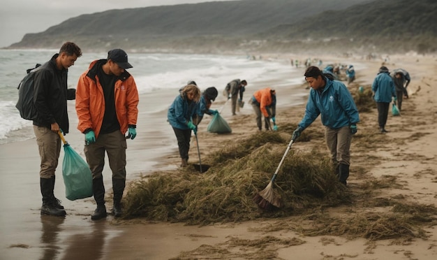 해양 생태계와 야생동물을 보호하기 위해 해변과 해안 지역을 청소하는 자원봉사자 그룹