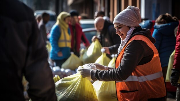 Volunteers hand out food for charity