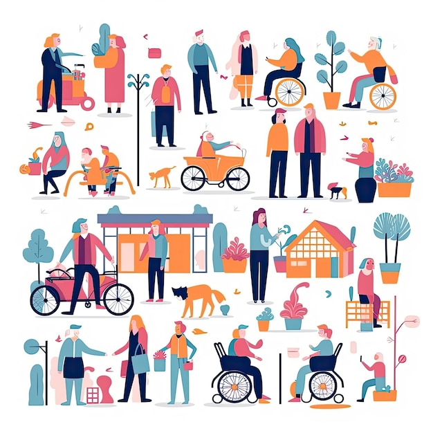 Volunteers helping older people concept Flat vector illustration daily activities working AI Generated