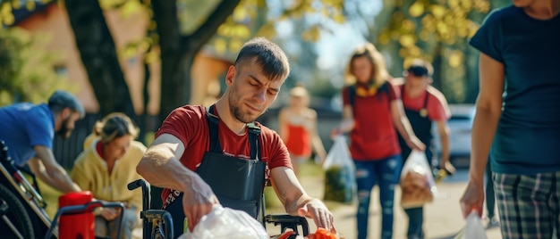 地元のコミュニティフードバンクのボランティアが晴れた日公園で低所得者に無料の食料を配っています車椅子に乗っている男性は慈善的な食事の寄付に感謝しています - - - - ライブドアニュース