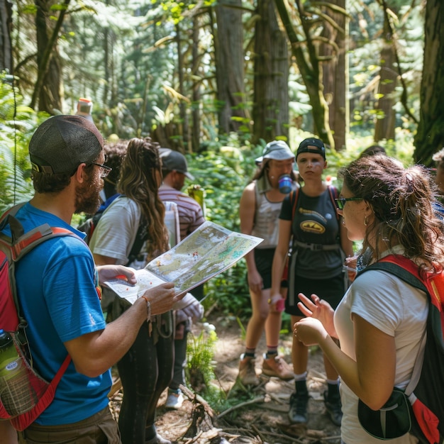 volunteers and locals using a map to navigate the trail job id 5b51a2819f39455383c927228f96c307