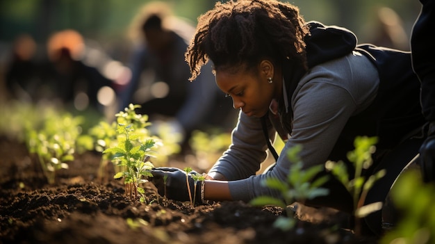 Photo volunteers planting flowers and shrubs background