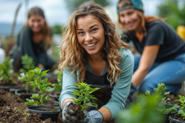 写真 ボランティアが庭に若い木を植えています