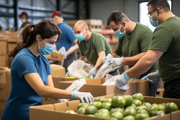 자원봉사자들이 연합하여 AI로 생성되는 식품 배송 준비