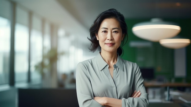 Volwassen Aziatische zakenvrouw met gekruiste armen in het kantoor.