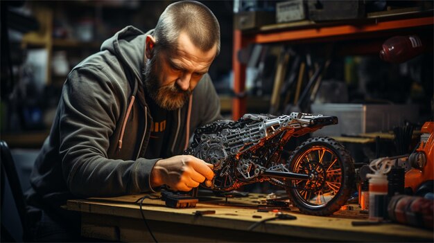 Volwassen baarde man reparateur die motorfietswielen repareert in een auto-reparatiewinkel