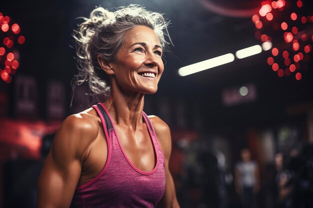 Foto volwassen bejaarde vrouwelijke gepensioneerde glimlachend gelukkig boksen levensstijl voor de gezondheid in de sportschool