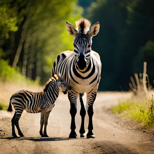 Volwassen bergzebra met baby's