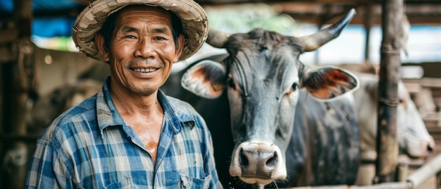 Volwassen boer die met een koe op een veeboerderij staat