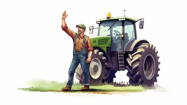 Volwassen boer met een schop naast een groene tractor Generatieve ai