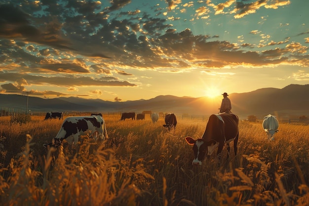 Volwassen boeren voeden koeien op het veld bij zonsondergang