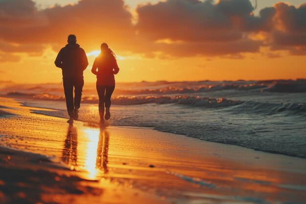 Volwassen echtpaar doet sport op het strand bij zonsondergang