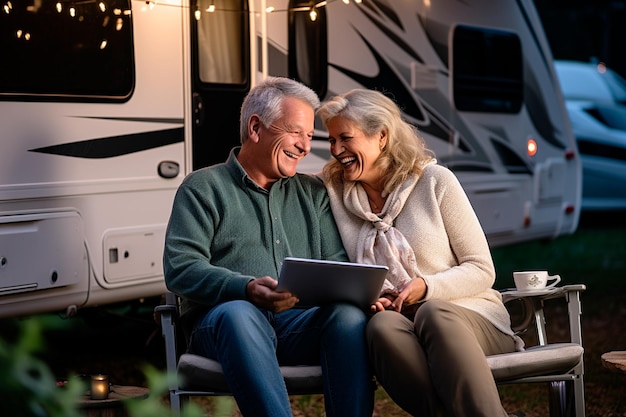 Volwassen echtpaar geniet van een vakantie in een camper met behulp van een digitale tablet samen in de open lucht