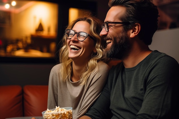 Volwassen echtpaar kijkt thuis naar de tv terwijl ze op een bank zitten, verlicht door een warme, gezellige, lichte kopieerruimte. Dertigjarigen glimlachen terwijl ze in de buurt zitten.