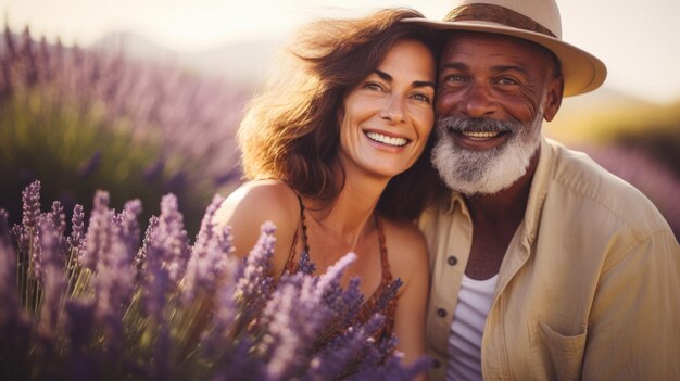 Foto volwassen gemengd koppel geniet van de zon in de zomer lavender field kopieerruimte